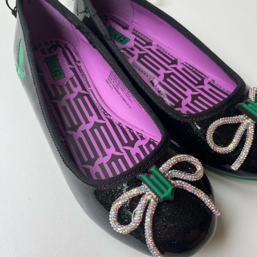 NEW Wicked Black + Purple Ballet Flats Girls Size 3 with faux diamond bow +logo